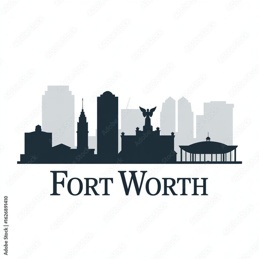 Obraz premium Fort Worth Skyline Silhouette - Historic Western City in Texas Vector Illustration in Black and White