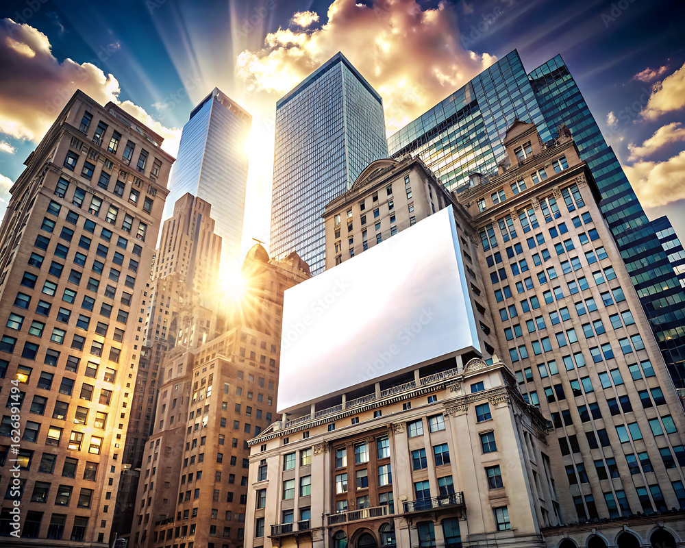 Obraz premium Modern cityscape with skyscrapers and a blank billboard in the sunlit urban downtown area