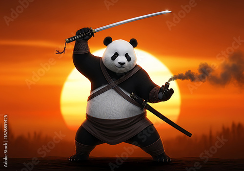 Mighty Panda Warrior with Katana Sword Against Sunset