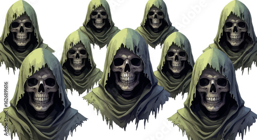 A chilling assembly of hooded skeletal figures with glowing eyes and tattered cloaks creates a menacing and eerie atmosphere of death and the supernatural