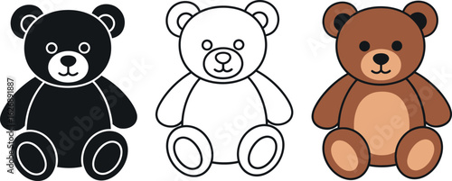Three adorable teddy bear illustrations in different styles including a solid black silhouette a simple outline and a classic brown plush toy