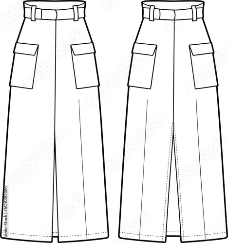 Women's High-Waisted Wide Leg Maxi Skirt with Cargo Pockets and Front Slit - Technical Fashion Flat Sketch Illustration