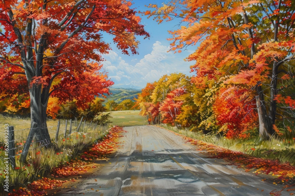 Naklejka premium Road in the dazzling beauty of autumn colors. Neural network ai generated