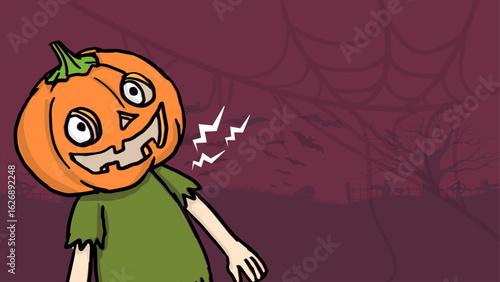 Creepy Pumpkin Head in Haunted Graveyard Halloween Illustration