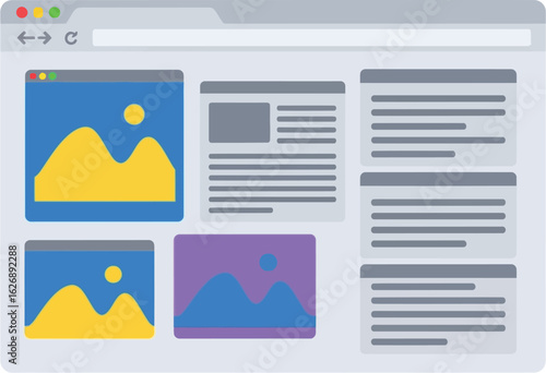 Modern flat design illustration of a web browser window displaying a variety of content including images and text articles in a clean layout