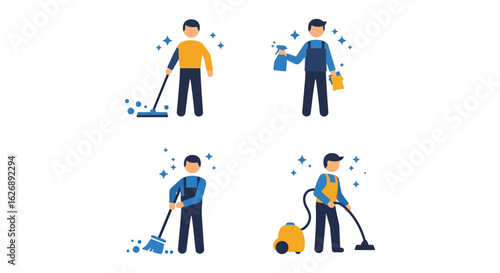 Set of Cleaning Service Worker Characters in Different Poses and Actions