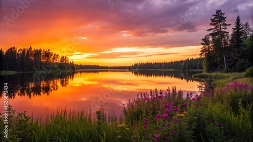 Fototapeta Naklejka Na Ścianę i Meble -  Golden hour light paints the sky and water in fiery hues above a serene Nordic or boreal forest lake, creating a peaceful and picturesque scene with lush green and colorful floral foreground.

