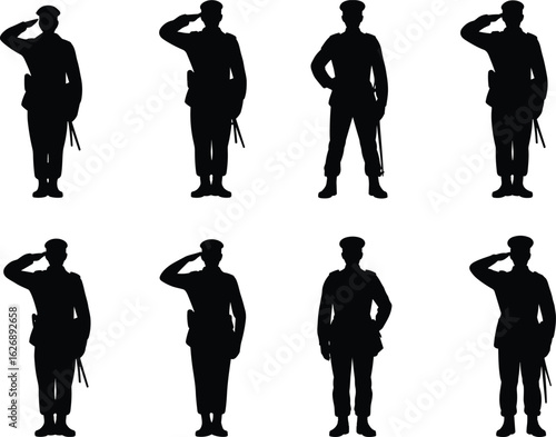 Military silhouettes performing salute gestures in varied uniforms, perfect for defense, patriotism, recruitment visuals, honor themes, and armed services design