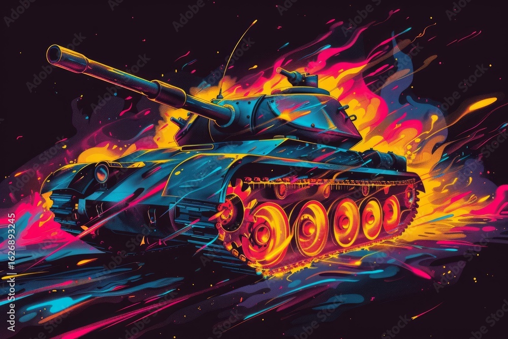 Obraz premium The tank is in battle, firing at the enemy. Object with colorful splashes on black background. Neural network ai generated
