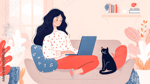 Young Woman Working From Home with Laptop and Black Cat in a Cozy Living Room Beautiful Illustration