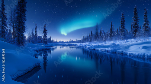 Enchanting Aurora Borealis over Frozen River and Snow-Covered Forest