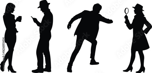 Person silhouette set in expressive poses—sipping, scrolling, dancing, investigating—ideal for lifestyle themes, character design, and user interface art