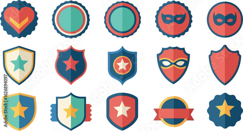 Collection of flat design superhero badges and shields featuring stars masks and emblems for awards and recognition