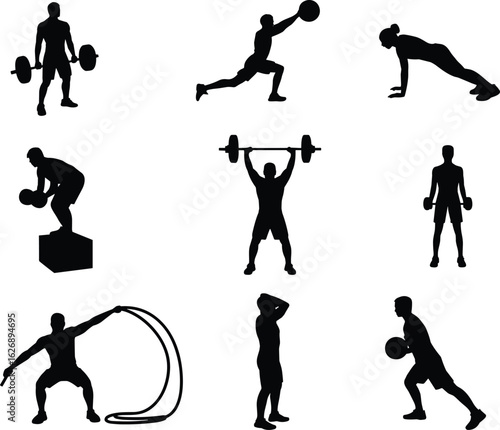 Silhouettes of people performing functional strength workouts including deadlifts, squats, ropes, and kettlebell lifts for gym and health concepts