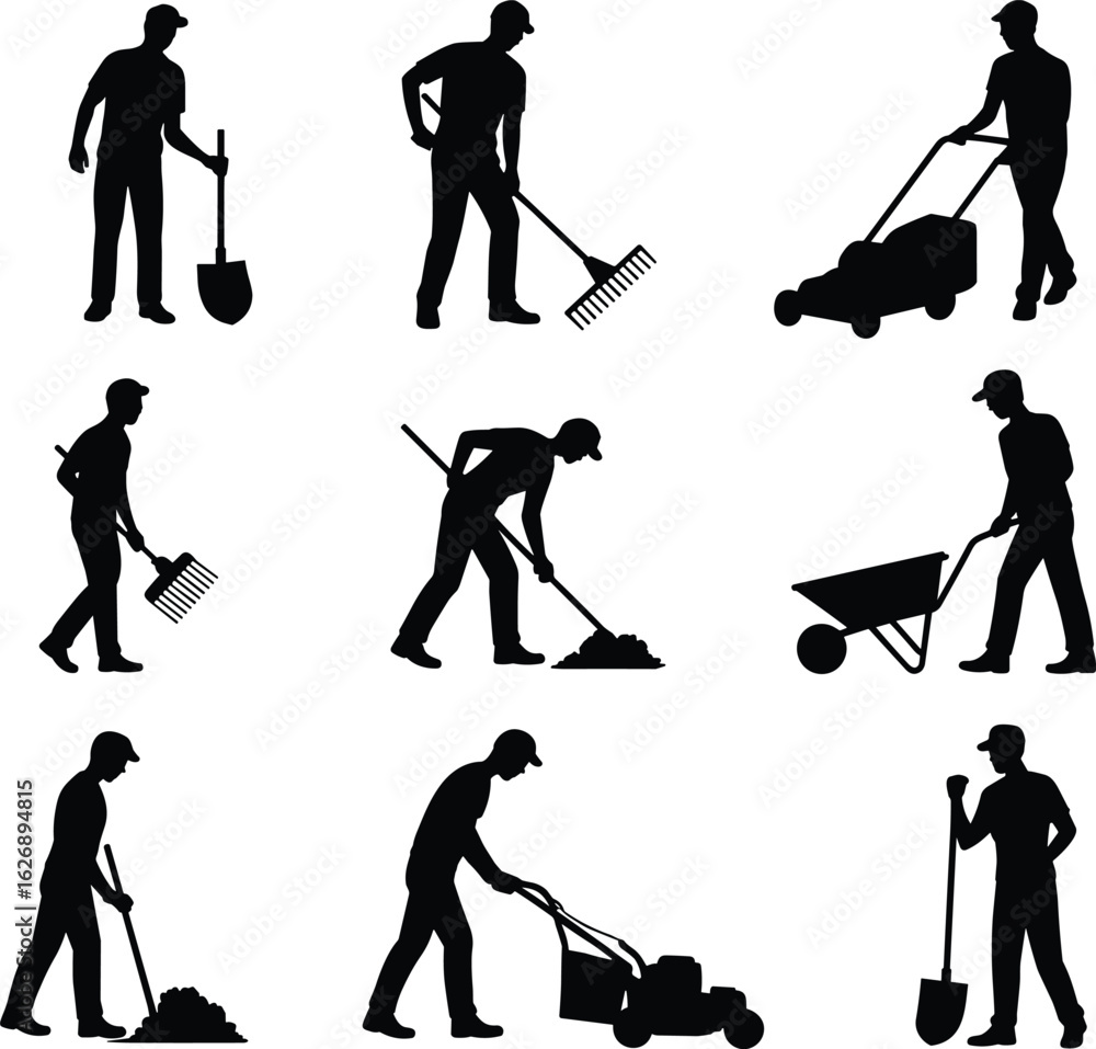 Obraz premium Silhouettes of people performing gardening and landscaping tasks with tools like shovels, rakes, wheelbarrows, ideal for vector illustrations