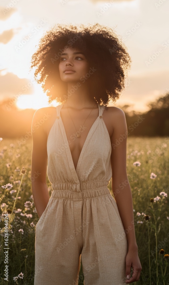 Obraz premium Woman in Linen Jumpsuit at Sunset in Wildflower Field