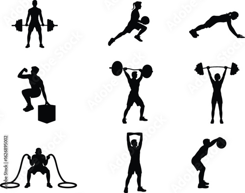 Silhouettes of people performing strength training, functional workouts, and dynamic fitness exercises for gym, wellness, and health concepts
