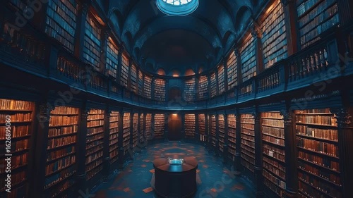 A Majestic Journey Through a Grand Circular Library Bathed in Ethereal Blue Light