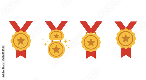 Gold Medal Award Icons Set with Red Ribbons