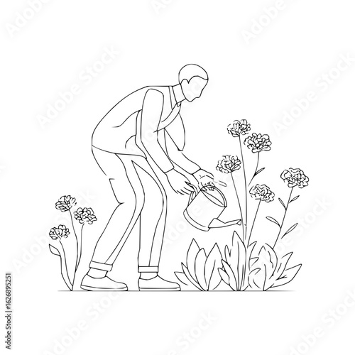 Line art of a man in a suit watering flowers with a watering can in a garden with plants and flowers