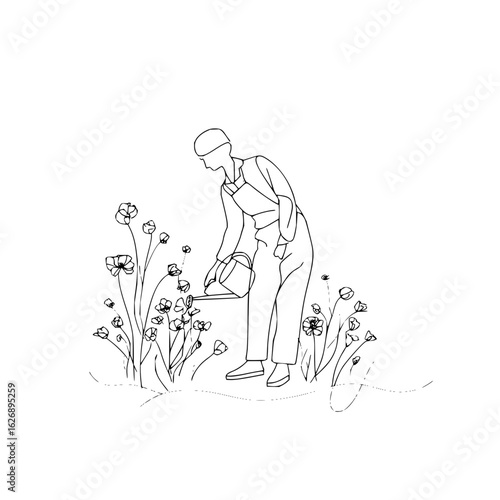 Line drawing of a person in overalls watering flowers with a watering can in a garden setting outdoors