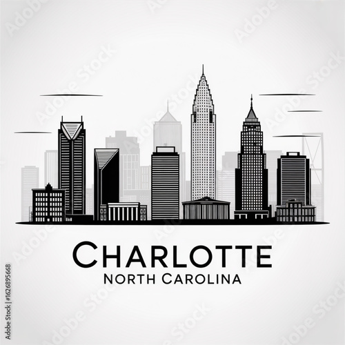 Charlotte Skyline Silhouette - Modern Urban City in North Carolina Vector Illustration in Black and White