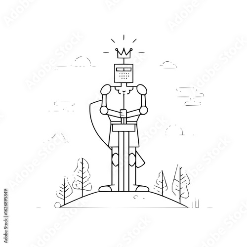Line art illustration of a knight with a crown holding a sword standing on a hill with trees and clouds