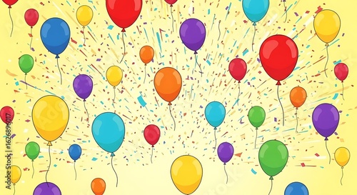 A festive background with colorful balloons and confetti floating in the air on a yellow background