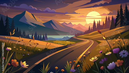 Warm light kisses the road’s dark surface, while shadows stretch across wildflowers and tall grass. The tranquil mountains glow quietly, anchoring the valley in evening’s peaceful embrace.

