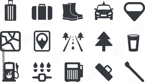 Simple Black Travel Icons: Road Trip, Navigation, and Luggage Set