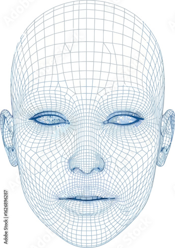 Close up front view of a wireframe baby head with blue eyes representing artificial intelligence digital creation and futuristic technology concepts