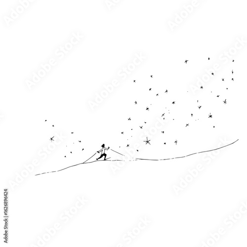 Person skiing on a hill under a scattering of stars in a simple black and white line drawing style