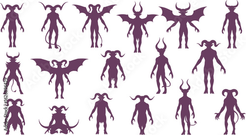 Collection of stylized demonic silhouettes with horns and wings showcasing a variety of monstrous and mythical creature designs in a dark purple hue