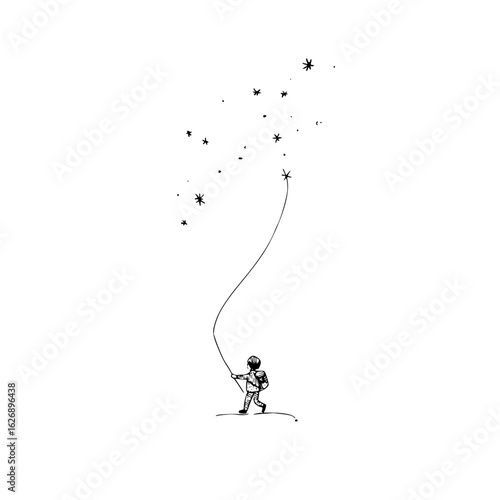 Astronaut walking on a surface holding a string connected to a star surrounded by other stars in space