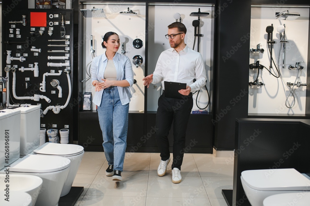 Obraz premium Shop assistant showing bathroom fixtures to woman in plumbing store
