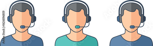 Three stylized flat design avatars of customer service representatives wearing headsets with microphones representing a support team or call center staff