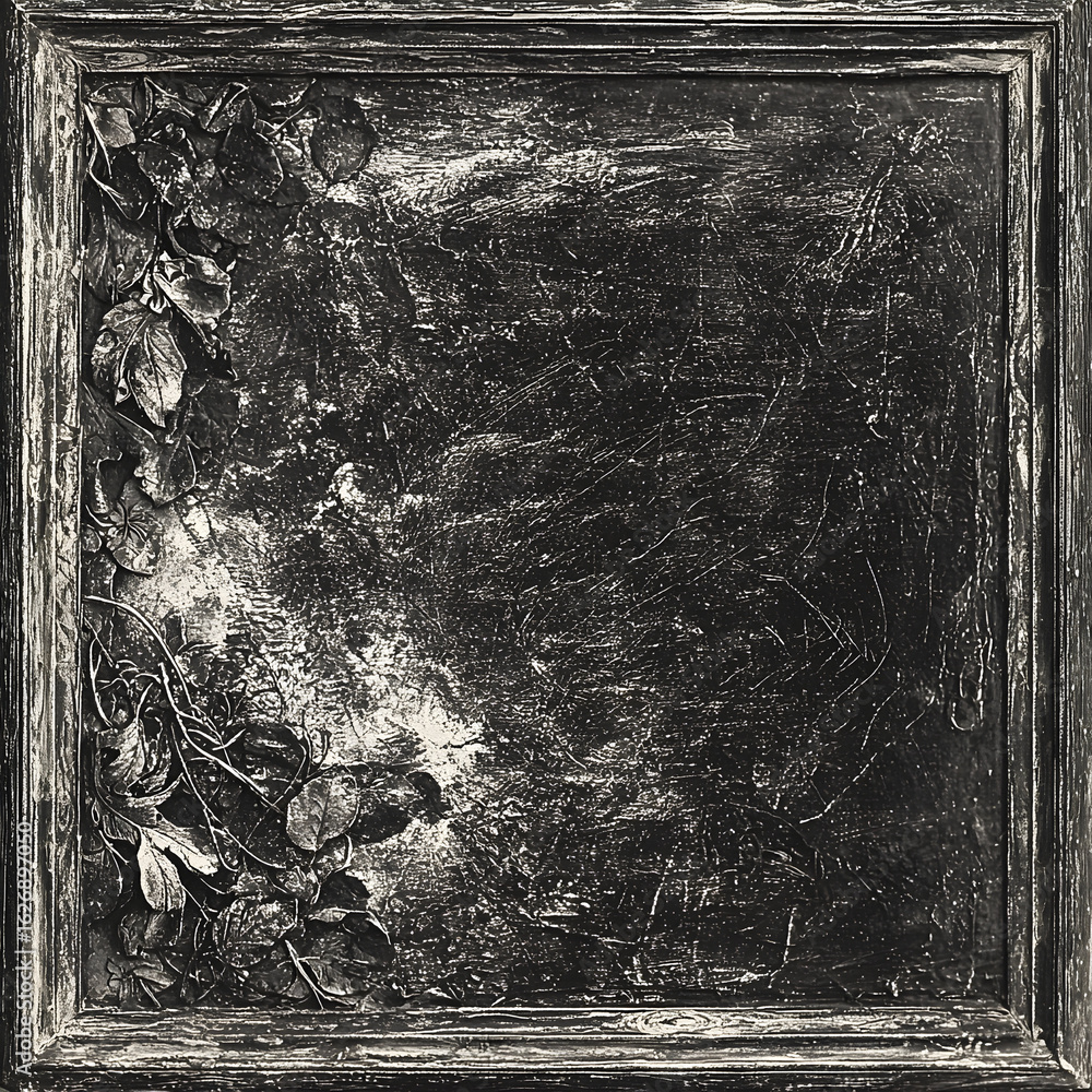 Fototapeta premium Abstract painting with textured floral border, dark tones. Possible use art print