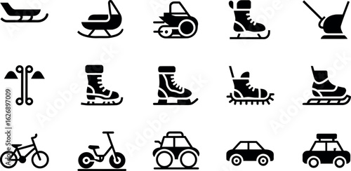 Bold Black Glyph Icons: Winter Sports, Vehicles, and Footwear Set