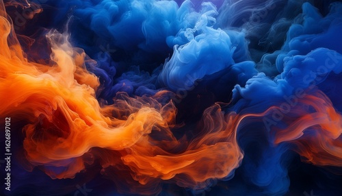 a captivating background with deep indigo and fiery orange smoke seamlessly blending with wisps of