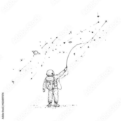 Astronaut with a whip looking at stars and planets in a white background sketch illustration