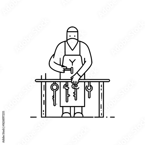 Illustration of a blacksmith working on keys at a table with a hammer in a minimalist style
