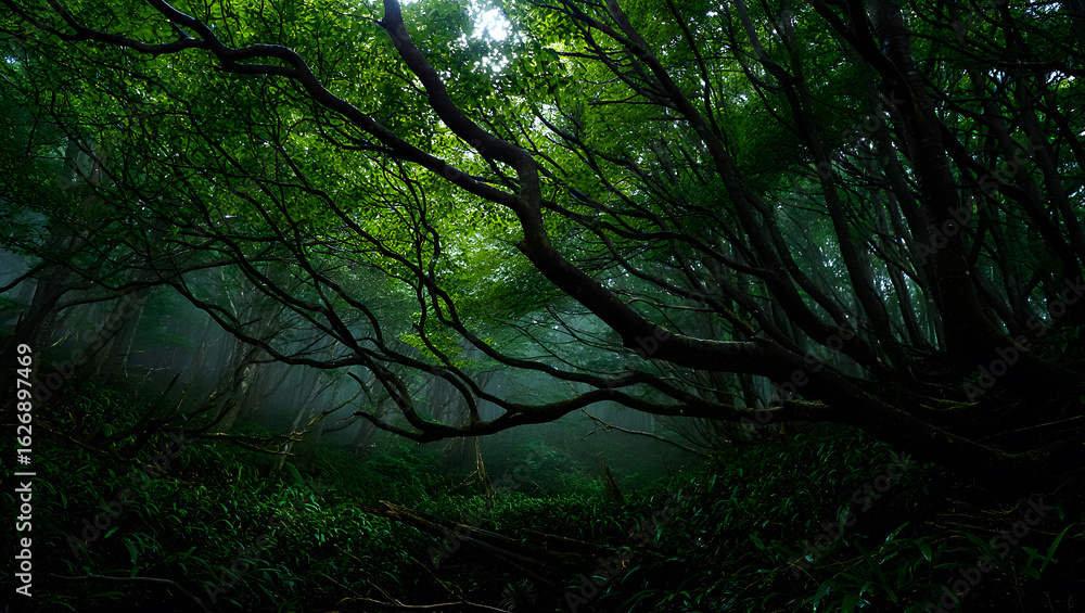 Naklejka premium Enchanted Forest with Overhanging Branches and Misty Atmosphere a Serene and Mystical Green Landscape for Adventure and Tranquility