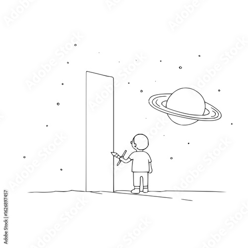 A child painting a portal to space with saturn and stars on a wall using paint brushes outside home