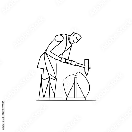 Stylized line art depicts a figure using a hammer and chisel on a stone, creating a sculpture piece