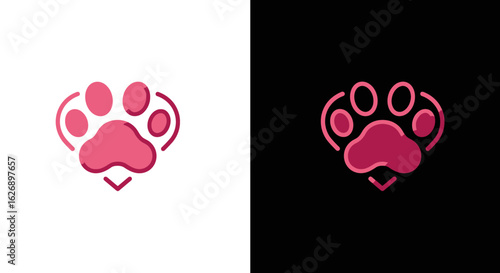 Stylized Pink Paw Print Icon with Heart Shape Outline Design.