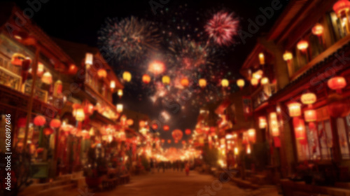Wallpaper Mural Blurred background with traditional Chinese-style houses adorned with red lanterns, vibrant fireworks illuminating the night sky. Festive atmosphere celebrating Chinese New Year or cultural holiday. Torontodigital.ca