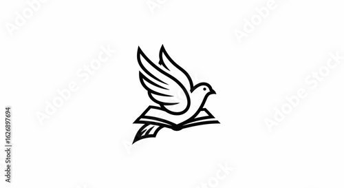 Stylized Dove Flying Above an Open Book in Black and White.