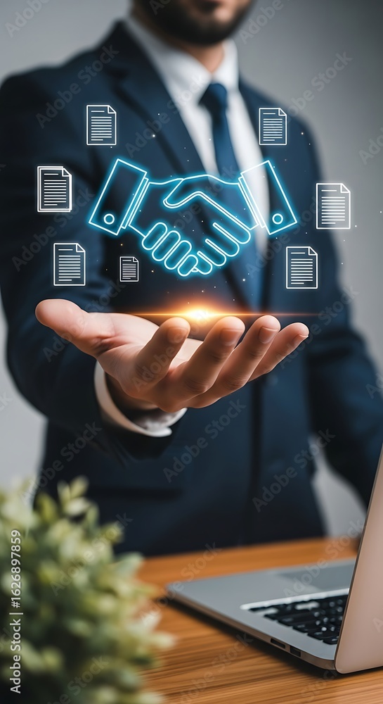 Fototapeta premium Confident Businessman Presenting Digital Handshake And Documents, Symbolizing Partnership And Agreement In Modern Business Dealings