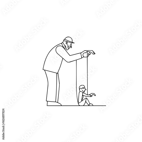 Illustration of a large man controlling a smaller man with strings in a simple line drawing style