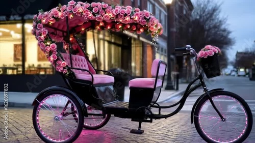 A decorated rickshaw with pink flowers on a city street